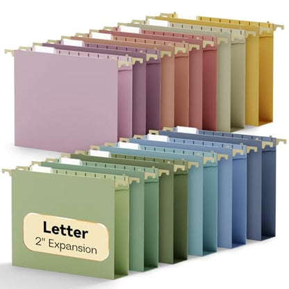 Plastic 2" Expandable Extra Capacity Hanging File Folder Letter Size | Heavy Duty File Folder with Tabs,Reinforced Job File Cabinet Folders,12 Pack Pastel Hang Folder for File Box Drawers Frame - size: 2" Expansion