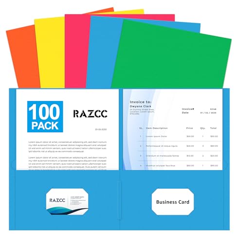 Two Pocket Folders, RAZCC 100 Pack File Folders with Pockets Fit Letter Size Paper, Thick Paper File Folder for School Office Business Home, Assorted 5 Colors - color: Light Colors