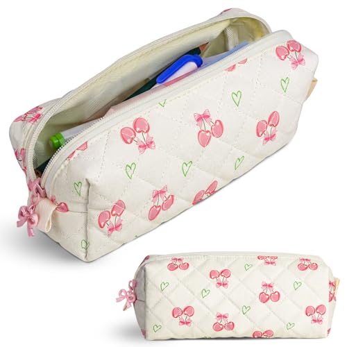 Cute Quilted Pencil Case for Girls Women, Aesthetic Small Floral Pencil Pouch,Slim Soft Pencil Bag for School Supplies Makeup Pouch for School & Daily Use (Cherry Heart) - color: Cherry Heart