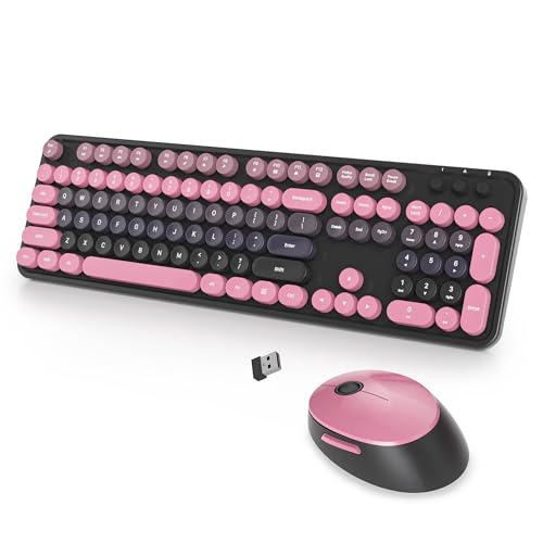Wireless Keyboard and Mouse Set, Retro Typewriter, 2.4GHz Full Size 104-Key Cute Keyboard with Number Pad, Colorful with Round Keycaps for Windows PC Laptop(Berry Powder) - color: Berry powder gradient