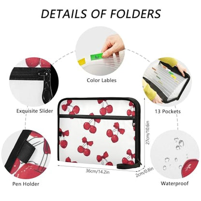 Expanding File Folder Red Cherries Bows Cherry A Accordion File Organizer 13 Pockets Document Organizer with Zipper Labels A4 Letter Office Storage