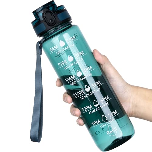 OLDLEY Water Bottle, 32oz Motivational Sports Water Bottle with Time Marker - Times to Drink - Tritan, BPA Free, Wide Mouth Leakproof,Deep Sea - color: Deep Sea