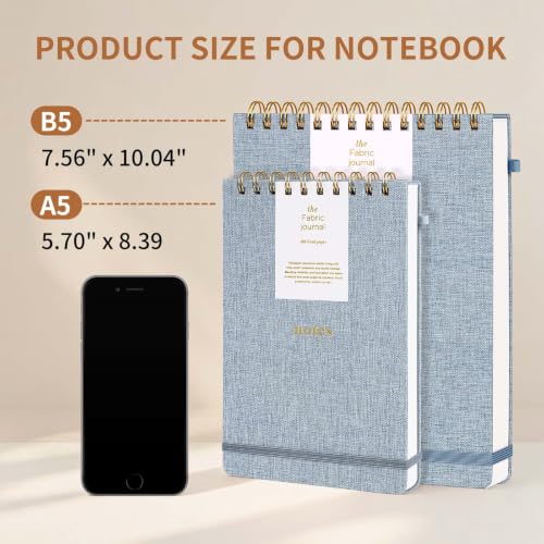 B5 Top Spiral Notebook, 192 Pages College Ruled Journal | 7.36" x 9.84" Fabric Hardcover Steno Pads, Elastic Band & Pen Holder 100GSM Thick Paper for School, Travel, Daily Writing - color: Light Blue, size: B5-Steno Pads-192pages