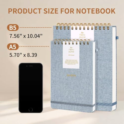 B5 Top Spiral Notebook, 192 Pages College Ruled Journal | 7.36" x 9.84" Fabric Hardcover Steno Pads, Elastic Band & Pen Holder 100GSM Thick Paper for School, Travel, Daily Writing - color: Light Blue, size: B5-Steno Pads-192pages