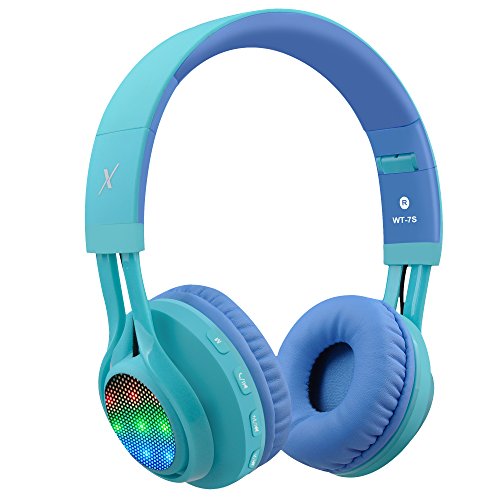 Riwbox WT-7S Kids Bluetooth Headphones, LED Light Up Wireless Foldable Stereo Headset with Microphone and Volume Control for PC/Tablet/TV/Travel (Blue) - color: Blue&Green