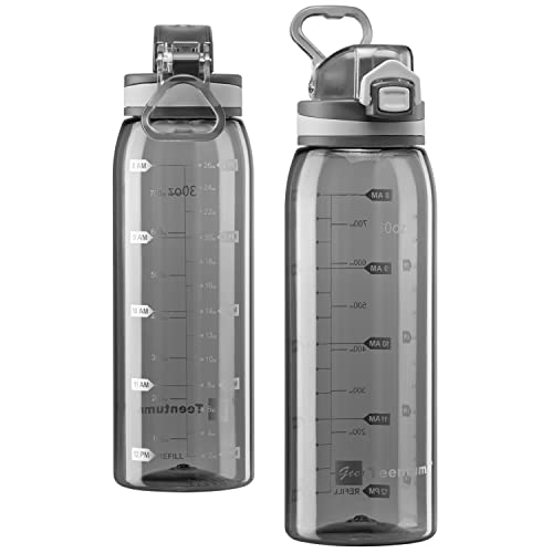 30oz Sport Water Bottle with Time Markers, Large Durable Gym Plastic Bottle Tritan BPA Free for Fitness, Outdoor Enthusiasts, Leakproof Clear Gray (Pack of 1) - color: Clear Gray