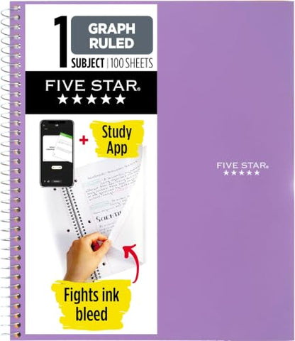 Five Star Spiral Notebook + Study App, 1 Subject, Graph Ruled Paper, 8-1/2" x 11", 100 Sheets, Fights Ink Bleed, Water Resistant Cover, Amethyst Purple (620000CF1) (Pack of 12) - color: Purple, size: Pack of 12