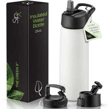 SipX™ 25 oz Insulated Water Bottle with 3 Lids – Leakproof Stainless Steel, Triple Insulated – Cold 24 Hours/Hot 12 Hours – Durable Bottle for School, Gym, Travel – White - color: White, size: 25 Ounces