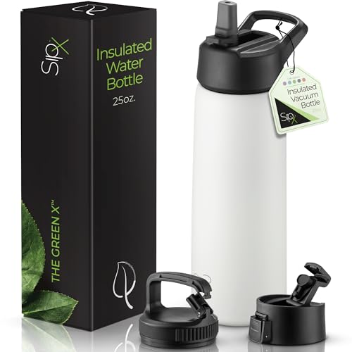SipX™ 25 oz Insulated Water Bottle with 3 Lids – Leakproof Stainless Steel, Triple Insulated – Cold 24 Hours/Hot 12 Hours – Durable Bottle for School, Gym, Travel – White - color: White, size: 25 Ounces