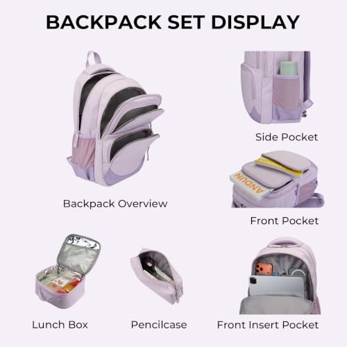 Glodwheat 3Pcs Backpack Set For Girls With Insulated Lunch Bag & Pencil Case, Lightweight Water-Resistant School Bookbag With 11 Compartments / 20L - color: Lavender