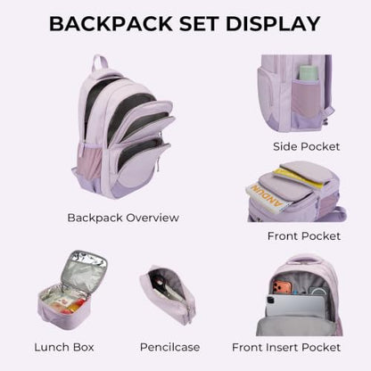 Glodwheat 3Pcs Backpack Set For Girls With Insulated Lunch Bag & Pencil Case, Lightweight Water-Resistant School Bookbag With 11 Compartments / 20L - color: Lavender