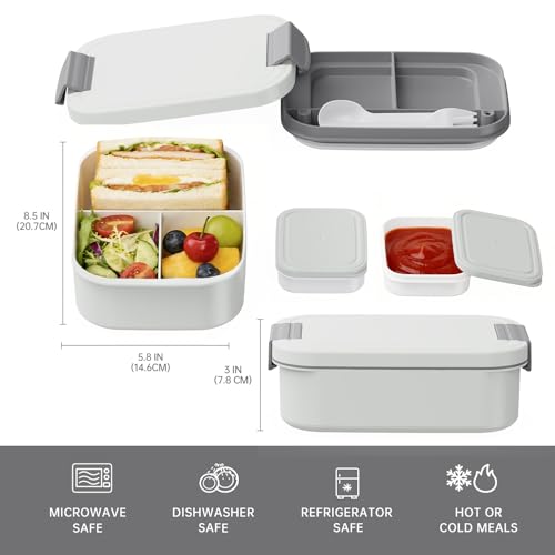 JBGOYON 4-in-1 Bento Box and Insulated Lunch Bag Set, Black/Gray | 6-hour insulation, 7.5 L lunch bag, leakproof 1.9 L container with 2 sauce cups, fork and spoon, 2 snack bags, BPA-fre - color: Gray