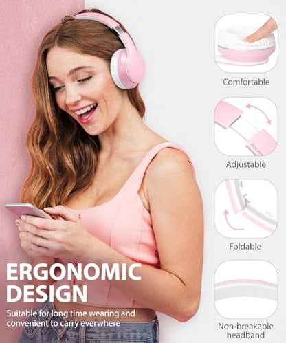 rockpapa E7 Over Ear Wireless Bluetooth Headphones with Mic Without Travel Case, Foldable Wired/Wireless Headphones with Microphone for Kids Childrens Boys Girls Teen Youth Adult Pink White - color: Pink White, style: without Case