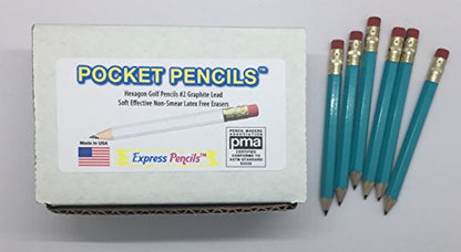 Express Pencils Half Pencils with Eraser - Golf, Pew, Short Mini Non Toxic - Hexagon, Sharpened, #2 Pencil, (Color - Light Turquoise), (Box of 72) half gross Golf Pocket Pencils