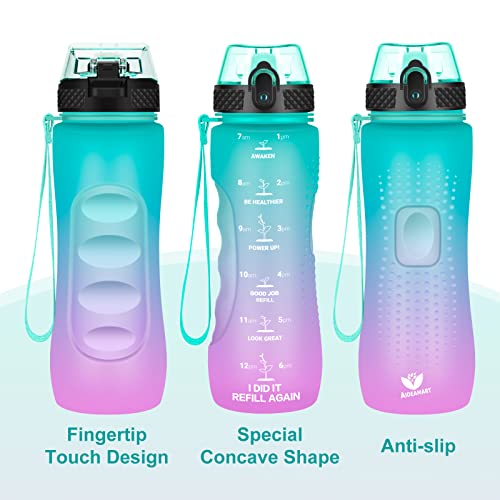 24 OZ Motivational Kids Water Bottle With Time Marker,Straw Lid,Leak Proof, Tritan BPA Free Sports Water Bottle Green-Purple(1 Lid) - color: Green Purple