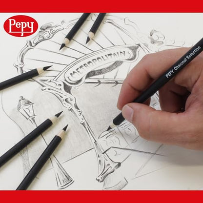 Pepy Charcoal Assorted Set of 6 Pencils: 2 Each Hard, Medium, Soft Pencils