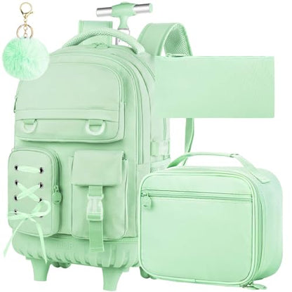 KLFVB Roller Backpack for Girls, 3PCS Rolling Bookbag with Lunch Bag for Kids, Wheeled School Bag for Teen - Cyan Ribbon Bow - color: Cyan Ribbon Bow Rolling Backpack