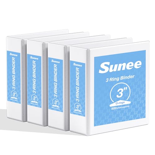 SUNEE 3 Inch Binders 3 Ring 4 Pack, PVC-Free Clear View Large Binders 3" (Fits 8.5x11 Inches) for School, Office & Home Use, White - color: White, size: 3 Inch, style: 4 Pack