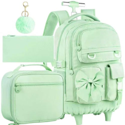 HPJGD 3PCS Girls Rolling School Backpack, Green Bow Tie Wheeled Backpacks, Water-Resistant Roller Bookbag Set - color: Green Bowknot Rolling Backpack Set
