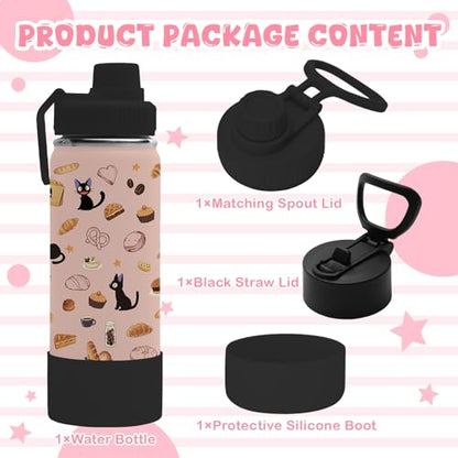 18oz Kikis Delivery Service Water Bottle with 2 Lids (Spout and Straw Lid), Kids Insulated Stainless Steel Cats Tumbler Cup, Kiki's Delivery Service Merchandise Gifts for Women Teen Girl - color: Cat-2