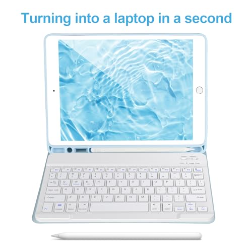AHYWTAN Keyboard Case for iPad 9/8/7th Gen 10.2’’,Case with Keyboard ipad 10.2 inch,Detachable Bluetooth Keyboard with Pencil Holder, Blue-W - color: Blue-W