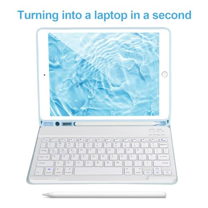 AHYWTAN Keyboard Case for iPad 9/8/7th Gen 10.2’’,Case with Keyboard ipad 10.2 inch,Detachable Bluetooth Keyboard with Pencil Holder, Blue-W - color: Blue-W