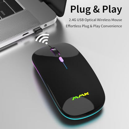 Wireless Bluetooth Mouse for Laptop, Rechargeable Mouse 2.4G USB Optical Wireless Mouse, LED Slim Dual Mode(Bluetooth 5.0 and 2.4G) Wireless for Laptop, PC, Mac OS, Android, Windows (Black) - color: Black