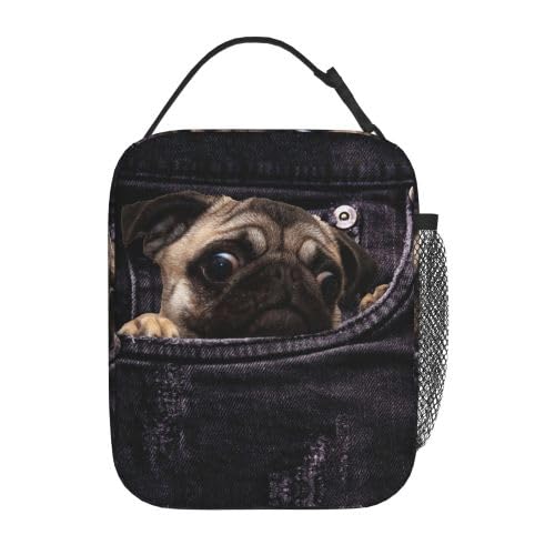 YETTA YANG Cute Funny Dog 3d Pug Portable Lunch Bag Insulated Lunch Box Reusable Totes For Women Men Work Picnic Camping - color: Black28
