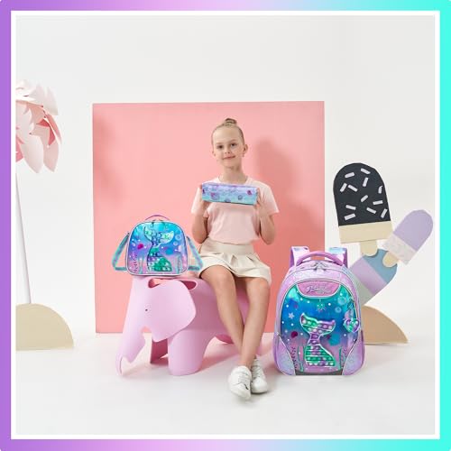 Backpack for Girls Elementary Preschool Kids Lunch Box for School - color: Mermaid Purple