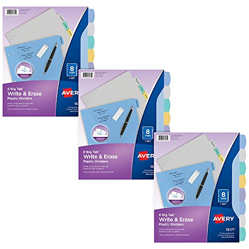 Avery Big Tab Write & Erase Durable Plastic Dividers for 3 Ring Binders, 8-Tab Sets, Pastel Colors, 3 Sets of Binder Dividers, Great for Organizing Reports, Presentations, and More (31351) - style: 3 Sets