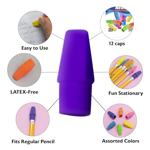 BAZIC Products Neon Pencil-Top Eraser Caps, Latex-Free, PVC-Free, 12 Count | non-abrasive, Slide onto standard pencils, school, classroom - color: 12-count, size: 1-Pack