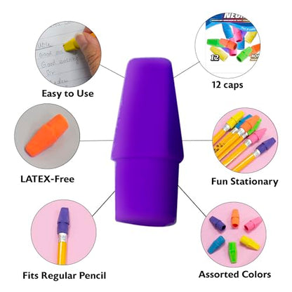 BAZIC Products Neon Pencil-Top Eraser Caps, Latex-Free, PVC-Free, 12 Count | non-abrasive, Slide onto standard pencils, school, classroom - color: 12-count, size: 1-Pack