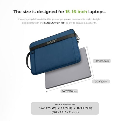 Acer Laptop Sleeve Case for 15.6-16 inch Laptops, Slim Protective Computer Sleeve with Hidden Zipper Pocket, Soft Plush Bubble Padding, Side Handle and Luggage Strap, Travel Laptop Bag, Blue | Slim, Soft Bubble Padding, Extra Front Storage, Wrist Strap, S