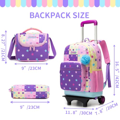 Rolling Backpack for Girls,Lightweight Kids Backpack with Wheels for School and Travel,Large Capacity Trolley Backpack for Elementary Students - color: Purple Pink Star