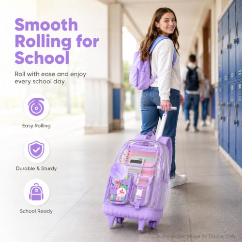 WZLVO Clear Backpack Rolling Backpack for Girls Women, Heavy Duty PVC Transparent Bookbag, See Through Wheeled Backpacks Set for Teens Elementary Travel - Purple - color: Purple