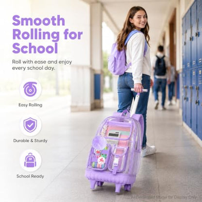 WZLVO Clear Backpack Rolling Backpack for Girls Women, Heavy Duty PVC Transparent Bookbag, See Through Wheeled Backpacks Set for Teens Elementary Travel - Purple - color: Purple
