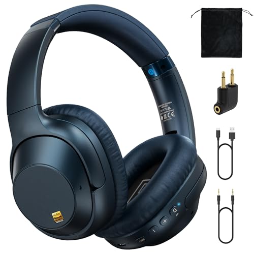 Bluetooth 6.0 Active Noise Cancelling Headphones for Airplane Travel, LDAC Hi-Res Audio, 90H Playtime Wired and Wireless ANC Headphones, Over Ear Headset for Home Office, Custom EQ via APP, Blue - color: Blue