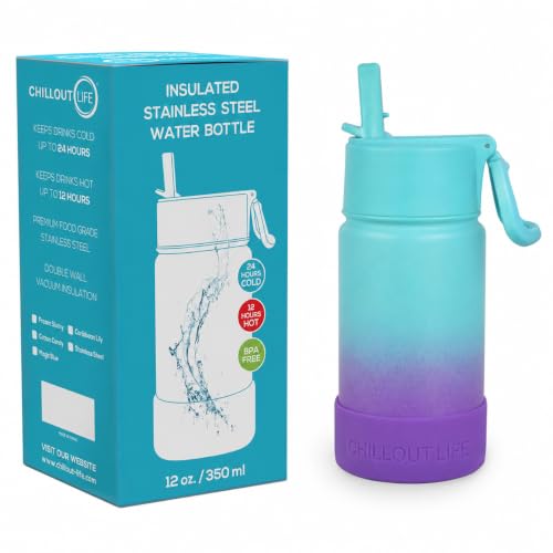 CHILLOUT LIFE 12oz Kids Insulated Stainless Steel Water Bottle with Leak Proof Straw Lid & 144 Stickers - color: Caribbean Lily, style: 12 oz