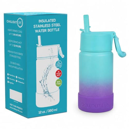 CHILLOUT LIFE 12oz Kids Insulated Stainless Steel Water Bottle with Leak Proof Straw Lid & 144 Stickers - color: Caribbean Lily, style: 12 oz