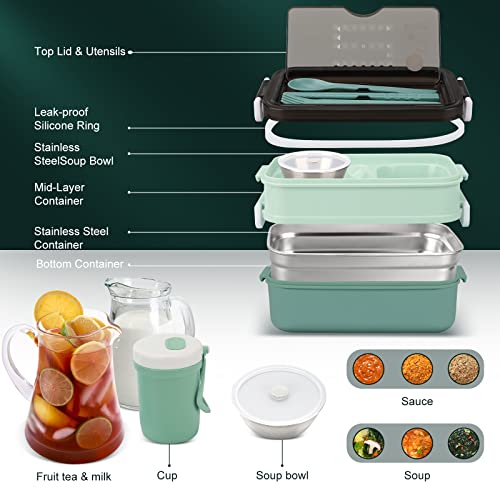 2-Tier Bento Lunch Box for Women & Adults with Insulated Lunch Bag | 50 OZ Large Capacity Bento Box with BPA-Free Utensils & Cup & Sauce Container, Leakproof, Microwave Safe for Work & Meal Prep - color: Green