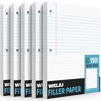 Loose Leaf Notebook Paper 750 Sheets 5 Packs Bulk for 3 Ring Binder, 8x10.5 Filler Paper Wide Ruled 3-Hole Punched Lined Paper for Writing Office Business School College Home (150 Sheets/Pack)