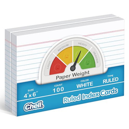Chell Ruled Index Cards 4x6 Inch Heavyweight, 100 Count, Ruled Front and Blank Back, 65 lb. Cover Weight, White - color: White, size: 4"x6"