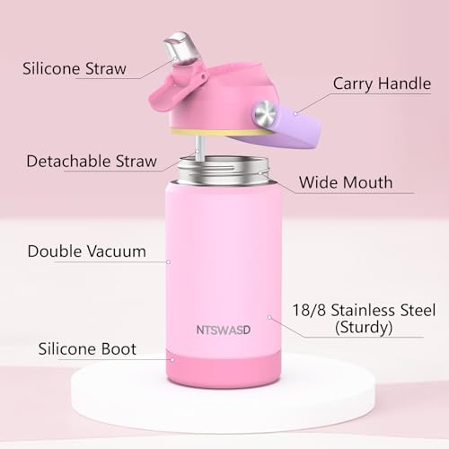 Kids Insulated Water Bottle with Straw,12 oz Kids Cups with Stainless Steel Leak Proof for School Daycare Boys Girls(Pink) - color: A13.Pink, style: 1Pack