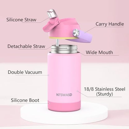 Kids Insulated Water Bottle with Straw,12 oz Kids Cups with Stainless Steel Leak Proof for School Daycare Boys Girls(Pink) - color: A13.Pink, style: 1Pack