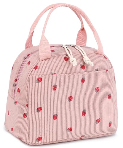 LEDAOU Kids Lunch Bag for Girls, Insulated School Lunch Box, Lightweight | Insulated interior, lightweight design, front pocket, smooth dual zippers, ideal for school and travel - color: Corduroy pink small flowers
