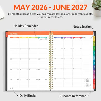 SUNEE Teacher Planner 2026-2027 Academic Year, Lite Lesson Planner Book with 7 Periods Jul 2026 - Jun 2027, 8.5"x11" Daily Weekly and Monthly Organizers, Plan Book with Pocket Folder, Color Tabs,Black - color: Black