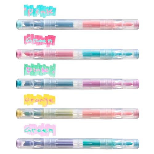 Dual-Tip Highlighter Set, 10 Colors, 5-Pack,Double-Ended with Round and Chisel Tips, Blendable Pastel Colors for Journaling and Note-Taking (5-piece Cream Color Set)