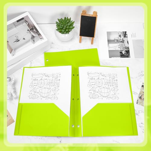 Yeaqee 72 Pcs Plastic Folders with Pockets Bulk 3 Hole Punched 2 Pocket File Folders for 3 Ring Binder Divider Folder for Notebooks, Durable Poly for Office Home (Neon Green) - color: Neon Green