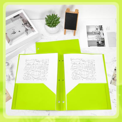 Yeaqee 72 Pcs Plastic Folders with Pockets Bulk 3 Hole Punched 2 Pocket File Folders for 3 Ring Binder Divider Folder for Notebooks, Durable Poly for Office Home (Neon Green) - color: Neon Green