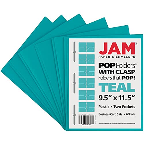 JAM PAPER Plastic Color POP Folders - 2 Pocket Durable Folders with Metal Prongs Fastener Clasps - Teal Blue - 6/Pack - color: Teal, size: 6 Per Pack